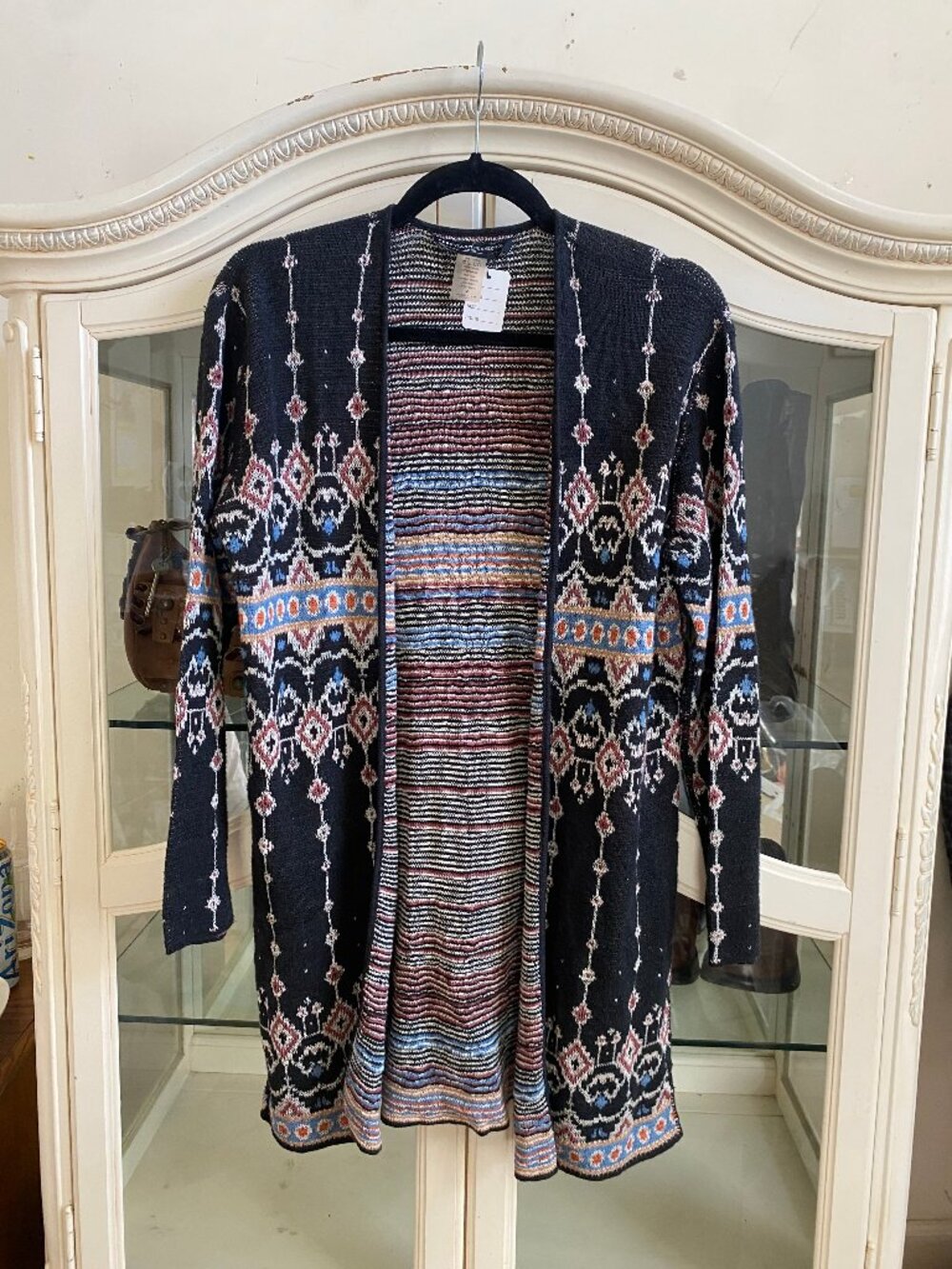Peruvian Connection Geometric Aztec Tunic Open Cardigan Sweater